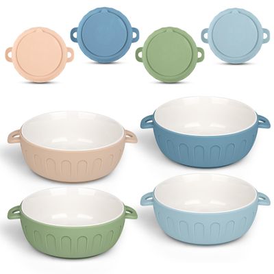 iNeibo 4 Packs Porcelain Baby Bowls with Silicone Sleeve for Toddler Feeding, BPA-Free, Non Slip, Microwave & Dishwasher Safe (Suction cup, Linen+Navy+Blue+Green)