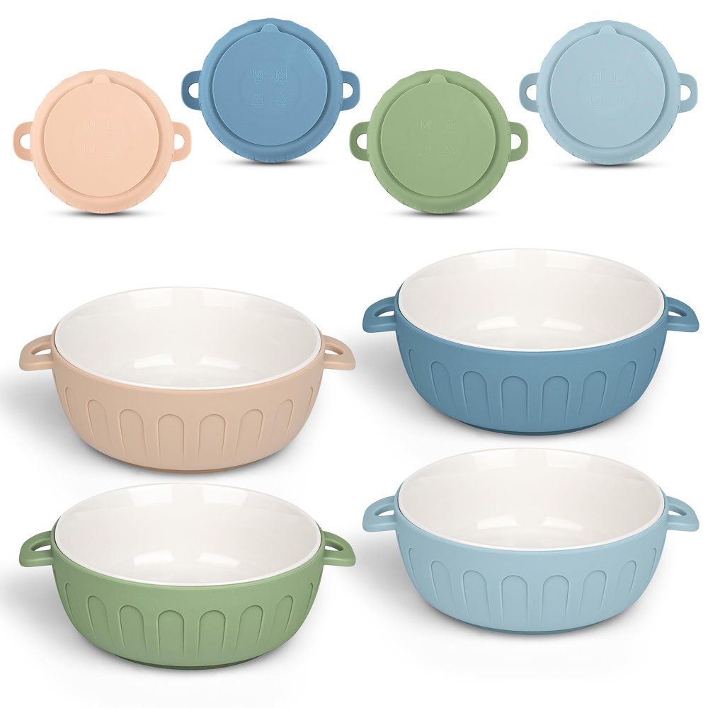 iNeibo 4 Packs Porcelain Baby Bowls with Silicone Sleeve for Toddler Feeding, BPA-Free, Non Slip, Microwave & Dishwasher Safe (Suction cup, Linen+Navy+Blue+Green)