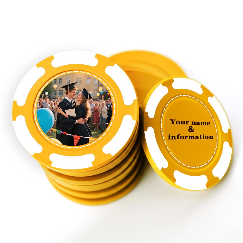 100 Custom Poker Chips, 9 Colors Plastic Blank Poker Chips, Custom Poker Chips with Logo, Image, Text, Double Side Full Color Printing Custom Tokens for Bar, Casino Night, Events (Yellow, 40MM)
