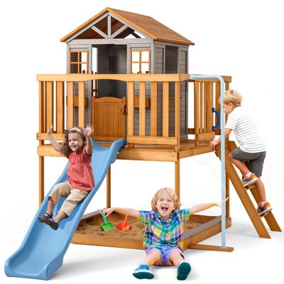 KizzParnrr Elevated Wooden Kids Playhouse with Wave Slide, Wrap-Around Deck, Flat-Step Ladder, Half Door Windows, Vertical Speed Slide Pole and Sandbox, for Outdoor Backyard Play
