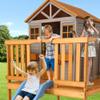 KizzParnrr Elevated Wooden Kids Playhouse with Wave Slide, Wrap-Around Deck, Flat-Step Ladder, Half Door Windows, Vertical Speed Slide Pole and Sandbox, for Outdoor Backyard Play view 3
