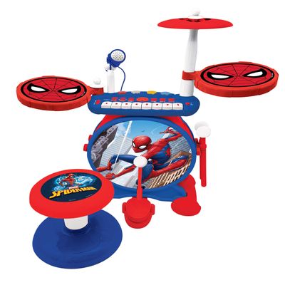 Lexibook, Spider-Man, Electronic Set for Children, Musical Toy Game, Realistic Drum Sound, 8-Keys Keyboard, MP3 Plug, seat Included, Blue/red, K610SP