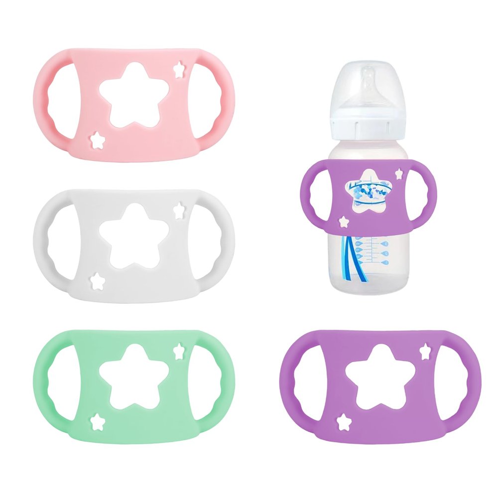 4PCS Silicone Baby Bottle Handles Compatible with Dr Brown, Easy Grip Silicone Handles Compatible with Dr Browns Bottles 5Oz 9Oz, Wide-Neck, BPA-Free White Purple Pink Green