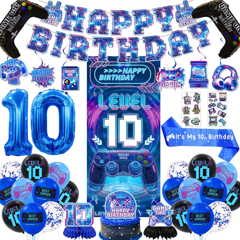 10th Birthday Decorations for Boys, Video Game Level 10 Birthday Decorations Include Banner Backdrop Sash Honeycomb Centerpieces Hanging Swirls Stickers Cake Topper for Gamer Party Supplies