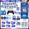 10th Birthday Decorations for Boys, Video Game Level 10 Birthday Decorations Include Banner Backdrop Sash Honeycomb Centerpieces Hanging Swirls Stickers Cake Topper for Gamer Party Supplies view 3