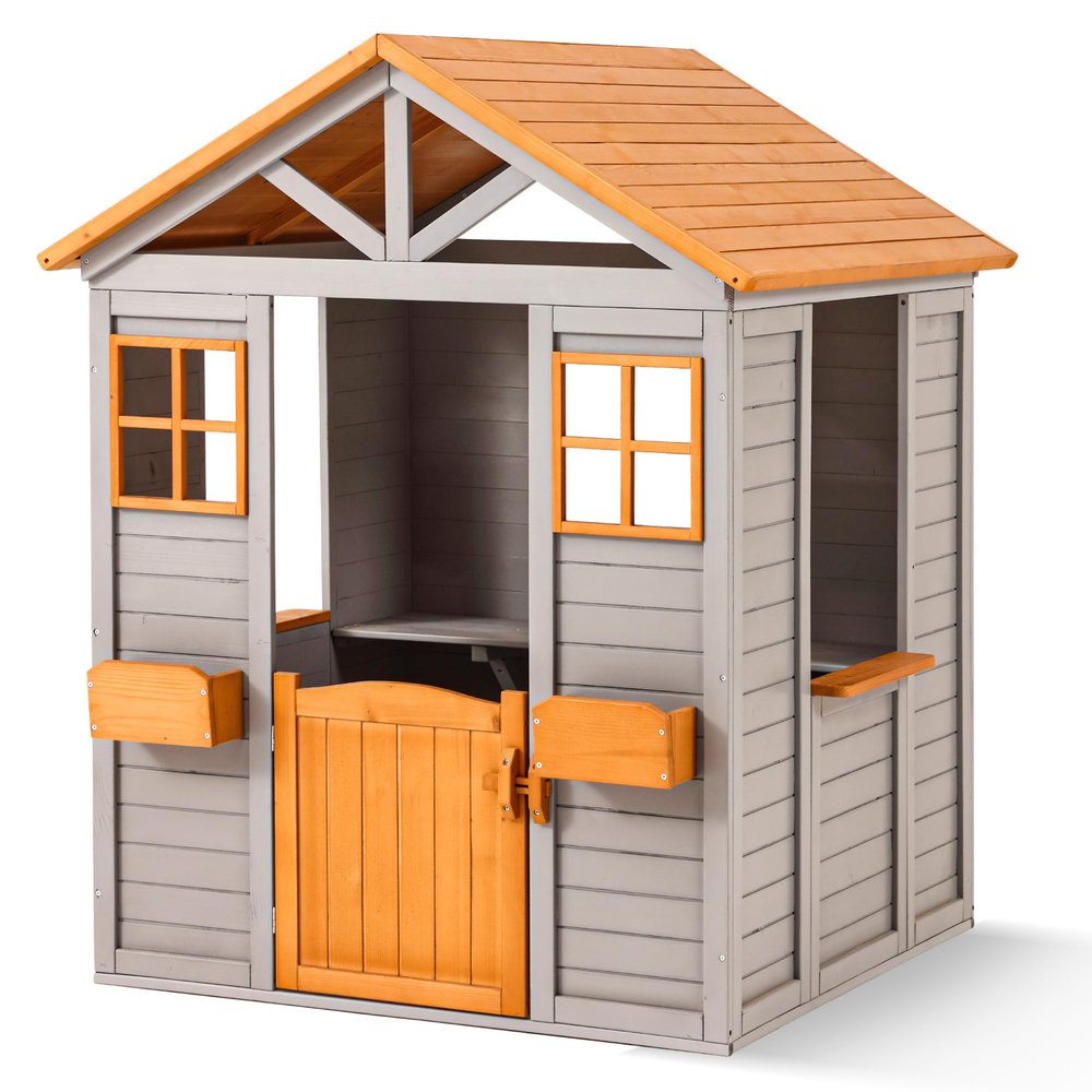 KizzParnrr Wooden Kids Playhouse with Play Kitchen, Half Door Windows, Flowerpot Holders, Toys PlaySet for Backyard Play (Brown and Grey)