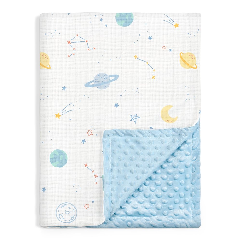Outer Space Baby Blankets for Boys, Soft Nursery Minky Blankets with Muslin and Dotted Fleece Back 30x40 inches, Receiving Bed Quilt for Newborn, Infants, Toddlers