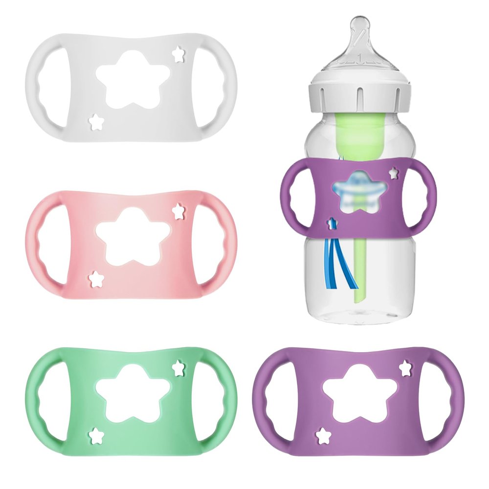 4 Pack Baby Bottle Holder for Dr Brown Wide-Neck Bottle with Easy Grip Handles Soft Silicone Star-Shaped Bottle Holder for Baby Self Feeding - BPA-Free (White Pink Purple Green)