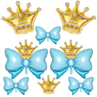 10pcs Gold Crown Balloons And Blue Bow Balloon, Light Blue Bows Balloons, Large Gold Crown Foil Balloon With Two Sizes For Birthday Baby Shower Theme Party Wedding Bridal Shower Decor