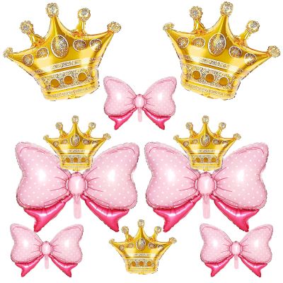 10pcs Gold Crown Balloons And Pink Bow Balloon, Light Pink Bows Balloons, Large Gold Crown Foil Balloon With Two Sizes For Birthday Baby Shower Theme Party Wedding Bridal Shower Decor
