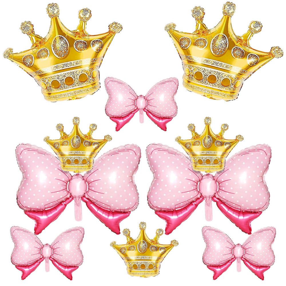 10pcs Gold Crown Balloons And Pink Bow Balloon, Light Pink Bows Balloons, Large Gold Crown Foil Balloon With Two Sizes For Birthday Baby Shower Theme Party Wedding Bridal Shower Decor