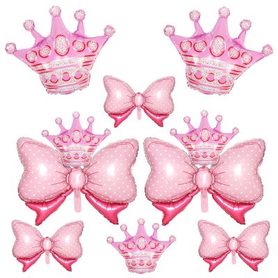 10pcs Pink Crown Balloons And Pink Bow Balloon, Light Bows Balloons, Large Pastel Crown Foil Balloon With Two Sizes For Birthday Baby Shower Theme Party Wedding Bridal Shower Decoration
