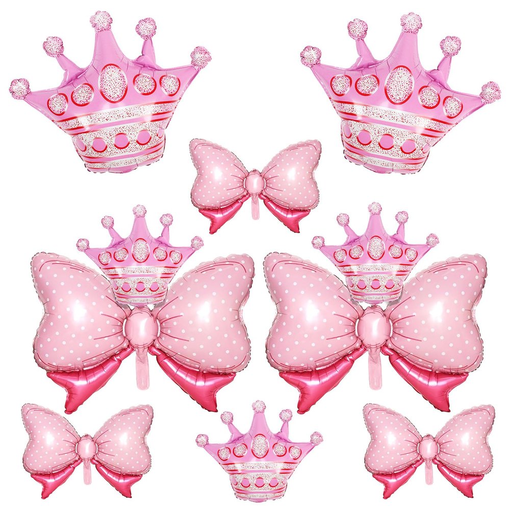 10pcs Pink Crown Balloons And Pink Bow Balloon, Light Bows Balloons, Large Pastel Crown Foil Balloon With Two Sizes For Birthday Baby Shower Theme Party Wedding Bridal Shower Decoration