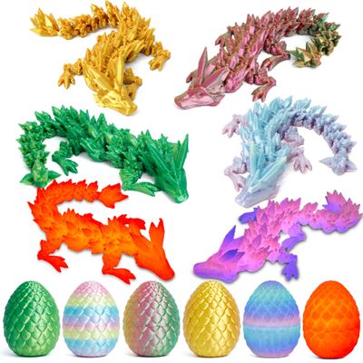 6PCS 3D Printed Dragon Eggs with Dragon Inside, Mini Mystery Egg Articulated Crystal Fidget Toy, Home Office Decor Executive Gift, Surprise 3D Printed Animals Toy Set (Set B)