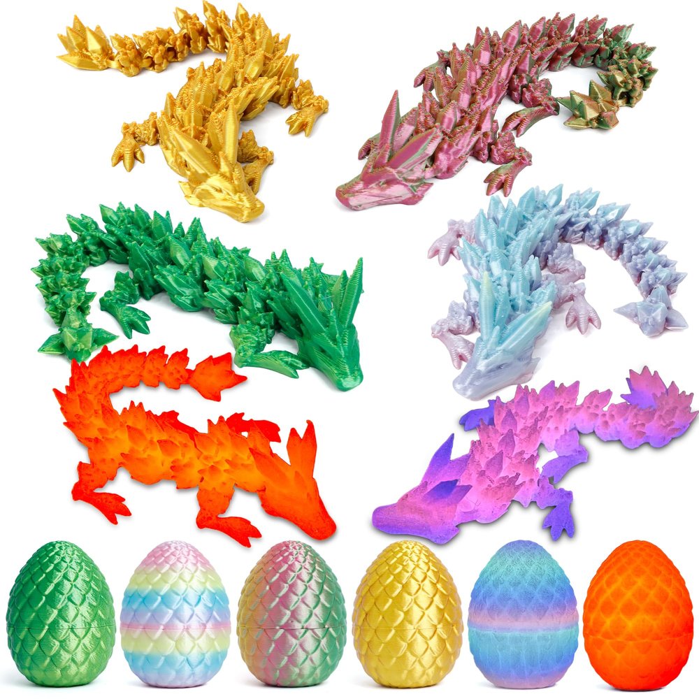 6PCS 3D Printed Dragon Eggs with Dragon Inside, Mini Mystery Egg Articulated Crystal Fidget Toy, Home Office Decor Executive Gift, Surprise 3D Printed Animals Toy Set (Set B)