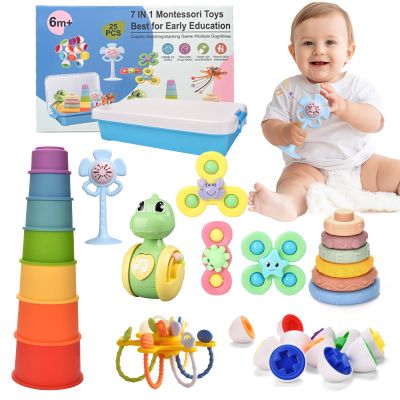 Baby Toys 6-12 Months,Montessori Toys for 6 Month old,Baby Sensory Toy for 6-9-12 Month,7-in-1 Stacking Blocks Cups Ring Matching Eggs Teething Pull String Suction Cup Toy for 6-12-18+ Months Gift
