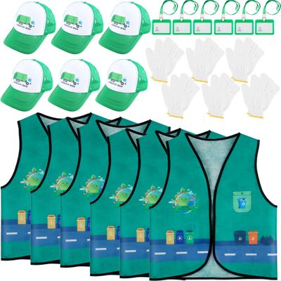 24 Pcs Kids Recycle Trash Vest Waste Management Costume Garbage man Hat Gloves ID Card for Cosplay Career Day