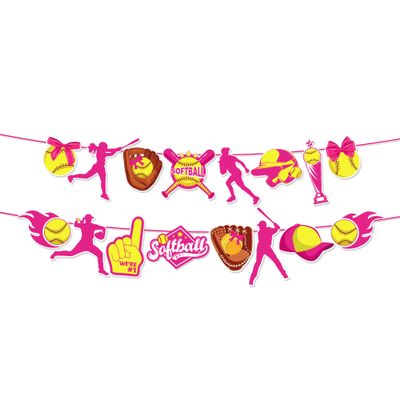 2pcs Softball Party Banners for Softball Birthday Party Decoration Easy-to-Softballs Player Party Garlands with Softballs Player, Bat & Trophy Designs for Girls Birthdays & Sport-Themed Celebrations