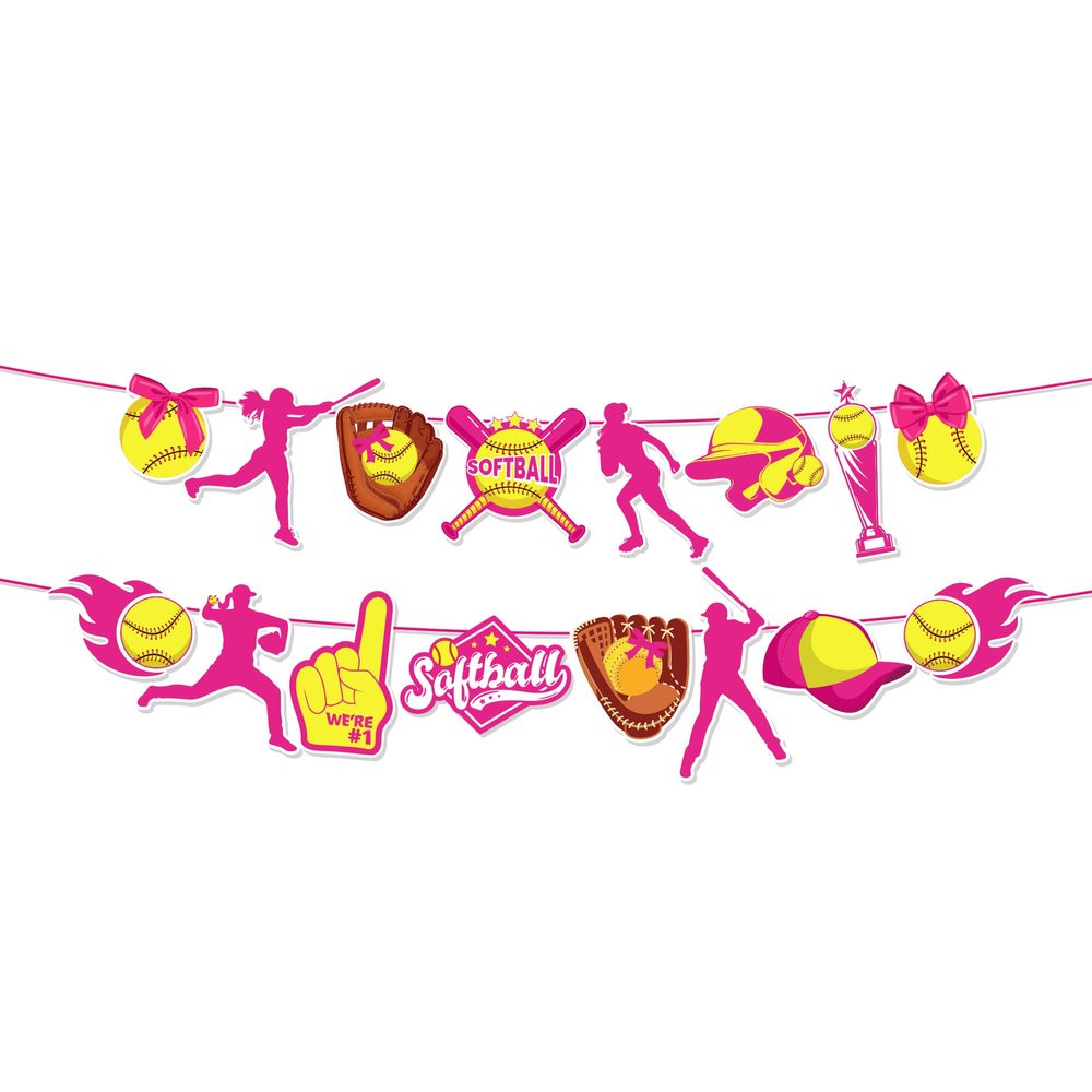 2pcs Softball Party Banners for Softball Birthday Party Decoration Easy-to-Softballs Player Party Garlands with Softballs Player, Bat & Trophy Designs for Girls Birthdays & Sport-Themed Celebrations