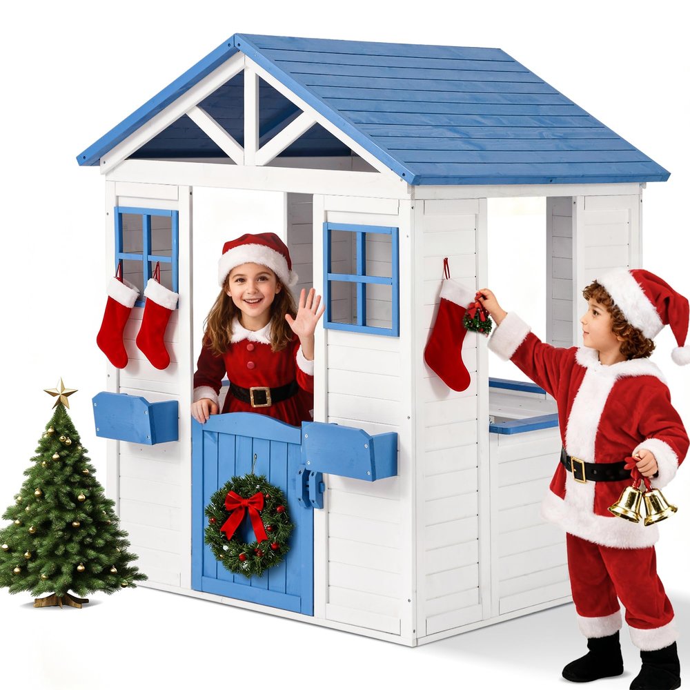 KizzParnrr Wooden Kids Playhouse with Play Kitchen, Half Door Windows, Flowerpot Holders, Toys PlaySet for Backyard Play (Bule with White)