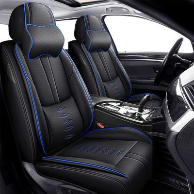 Cscevt Leather Seat Covers for Audi A8 e 2020,Car Seat Covers Front Set,Waterproof Car Seat Protectors with Airbag,Comfort Interior Cover Seats for Cars(Black+Blue,Pillows)