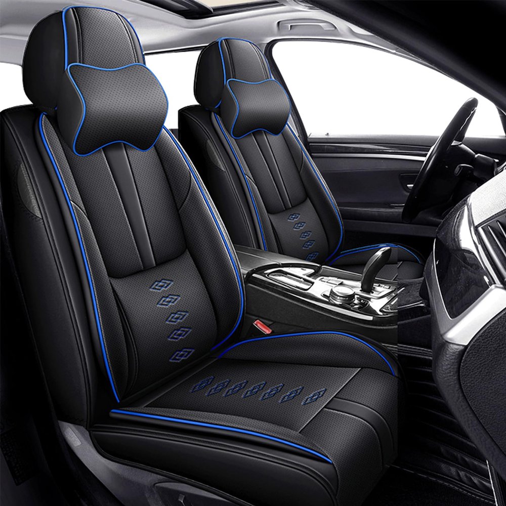 Cscevt Leather Seat Covers for Audi A8 e 2020,Car Seat Covers Front Set,Waterproof Car Seat Protectors with Airbag,Comfort Interior Cover Seats for Cars(Black+Blue,Pillows)
