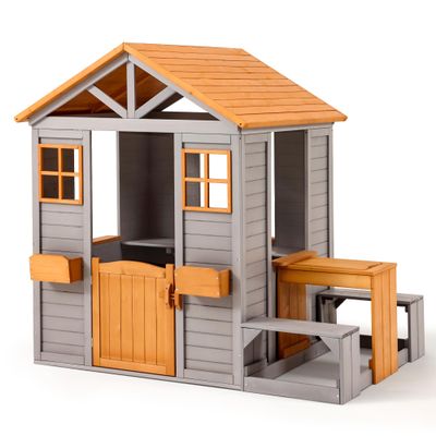 KizzParnrr Wooden Kids Playhouse, Outdoor Sand Water Table Chair Set, Play Kitchen, Half Door Windows, Toddler Playhouse and Toys Playset for Backyard Play (Brown and Grey)
