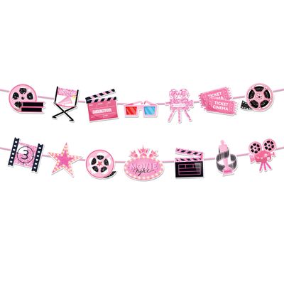 2pcs Pink Movie Night Party Garland Banners, Camera & Film Themed Banners Movie Night Banner for Girls Birthdays, Baby Showers & Theater-Themed Celebrations