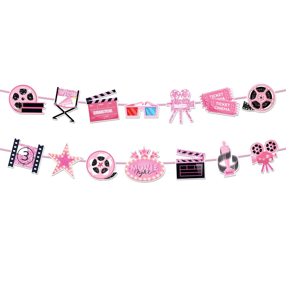 2pcs Pink Movie Night Party Garland Banners, Camera & Film Themed Banners Movie Night Banner for Girls Birthdays, Baby Showers & Theater-Themed Celebrations