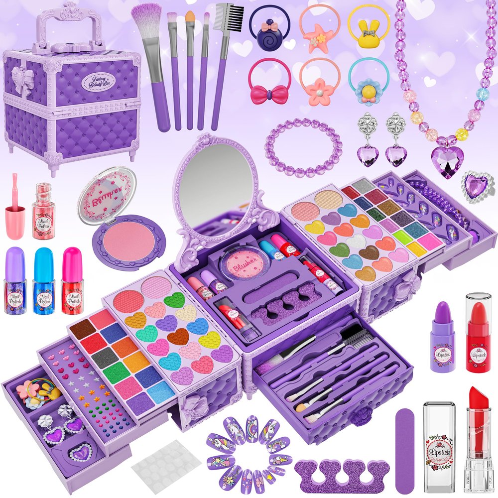 99 Pcs Kids Makeup Kit for Girls, Princess Toys Real Washable Cosmetics Set with Mirror, Hair Ties, Nails, Rings, Earrings, Necklace, Perfect for 3 4 5 6 7 8 Year Old Girls Birthday