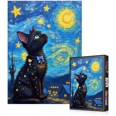 1000pcs Jigsaw Puzzle - Starry Night with Black Cat, Challenging Brain Teaser for Adults & Families, Scratch-Resistant Paper Puzzle, Ideal DIY Decor, Adult Puzzles Starry Night Design