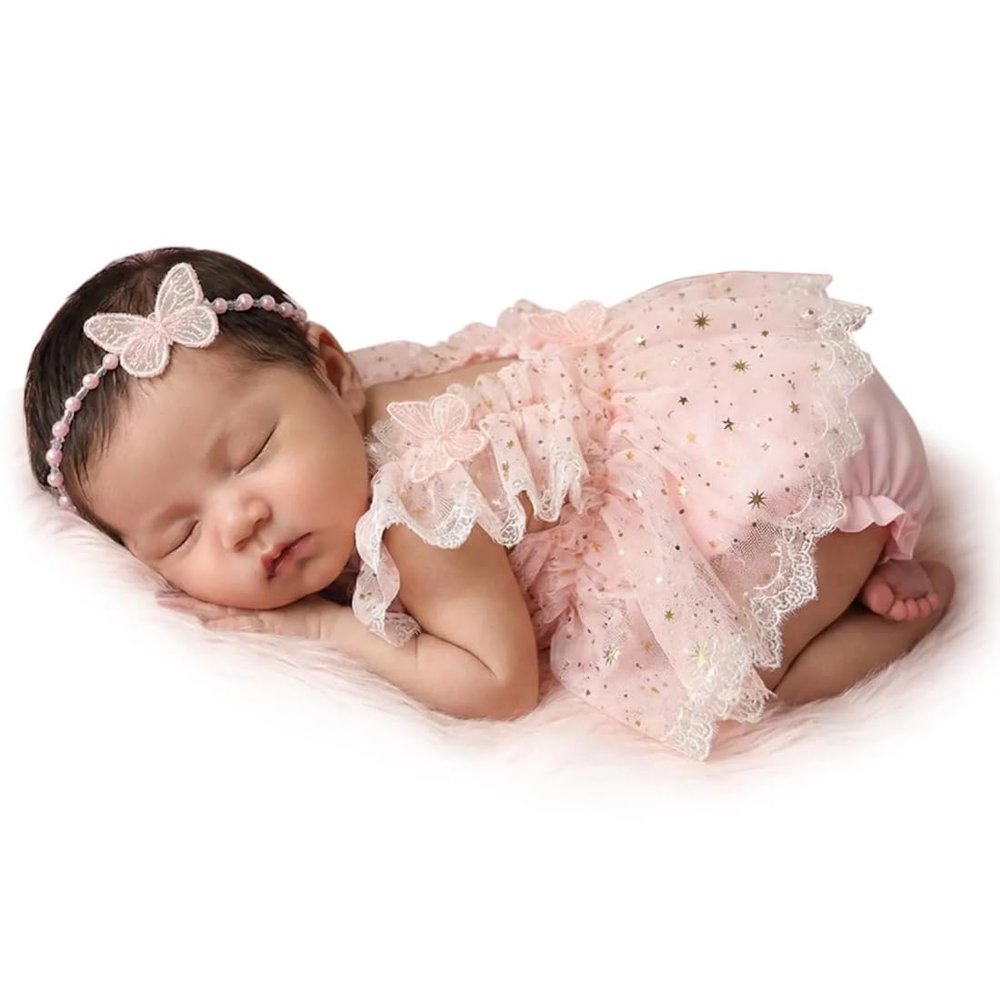 Newborn Photography Outfits Girl Baby Photography Props Lace Romper Headband Newborn Outfits Girls Photo Props (Pink)