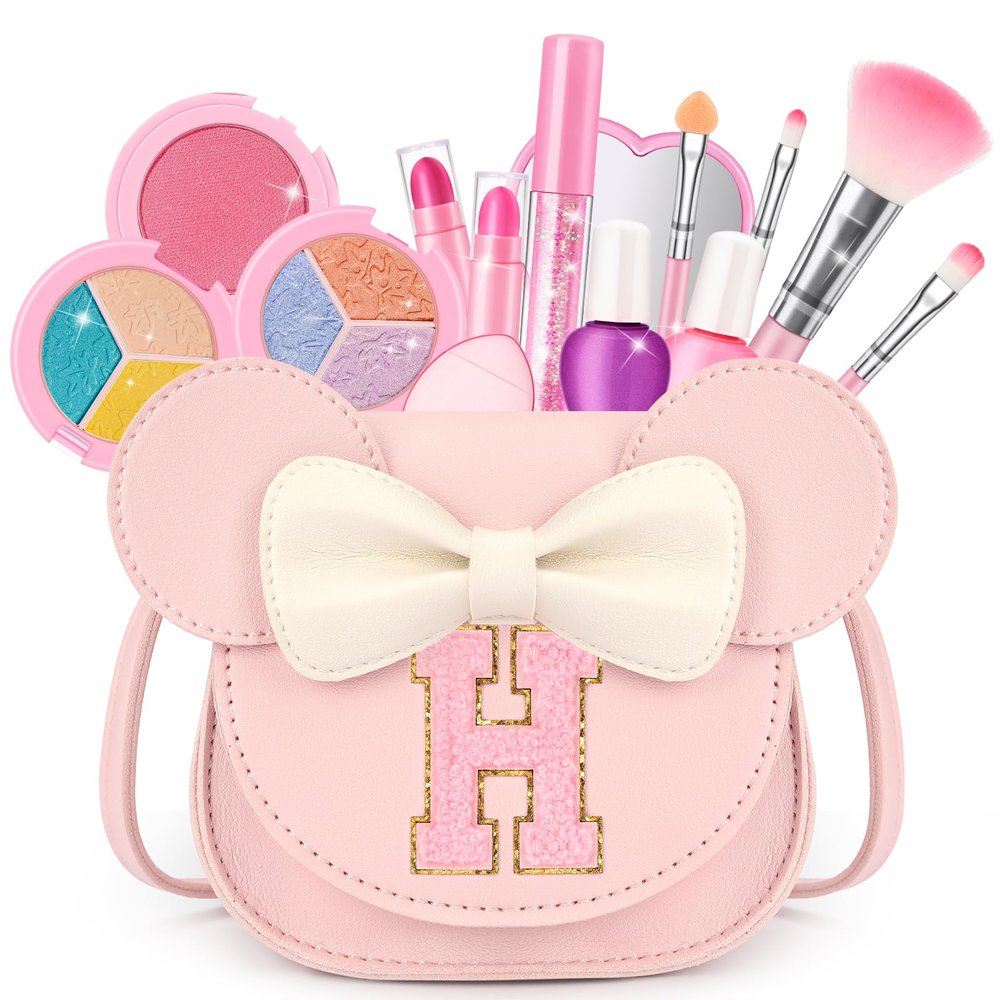 Kids Makeup Kit for Girls - 15 Pcs Real Washable Make Up Set - Non Toxic Toddlers Cosmetic with Letter Mouse Ear Purse - Valentines Day Gifts for 3 4 5 6 7 8 Years Old Girls Birthday Gift - H