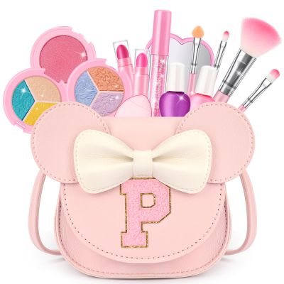 Kids Makeup Kit for Girls - 15 Pcs Real Washable Make Up Set - Non Toxic Toddlers Cosmetic with Letter Mouse Ear Purse - Valentines Day Gifts for 3 4 5 6 7 8 Years Old Girls Birthday Gift - P