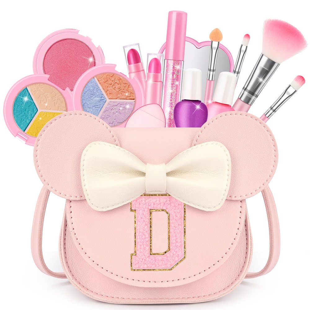 Kids Makeup Kit for Girls - 15 Pcs Real Washable Make Up Set - Non Toxic Toddlers Cosmetic with Letter Mouse Ear Purse - Valentines Day Gifts for 3 4 5 6 7 8 Years Old Girls Birthday Gift - D