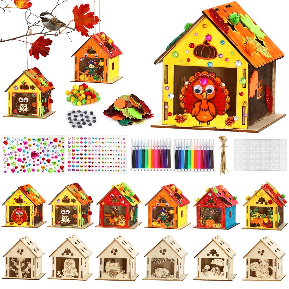 12 Thanksgiving Fall Crafts Wooden House for Boy, Girl & Adult, Fall Activities Kit DIY with Paint Pen Pumpkin Turkey Owl, Thanksgiving Arts and Crafts for Classroom Party Favors & Gift Supplies Bulk