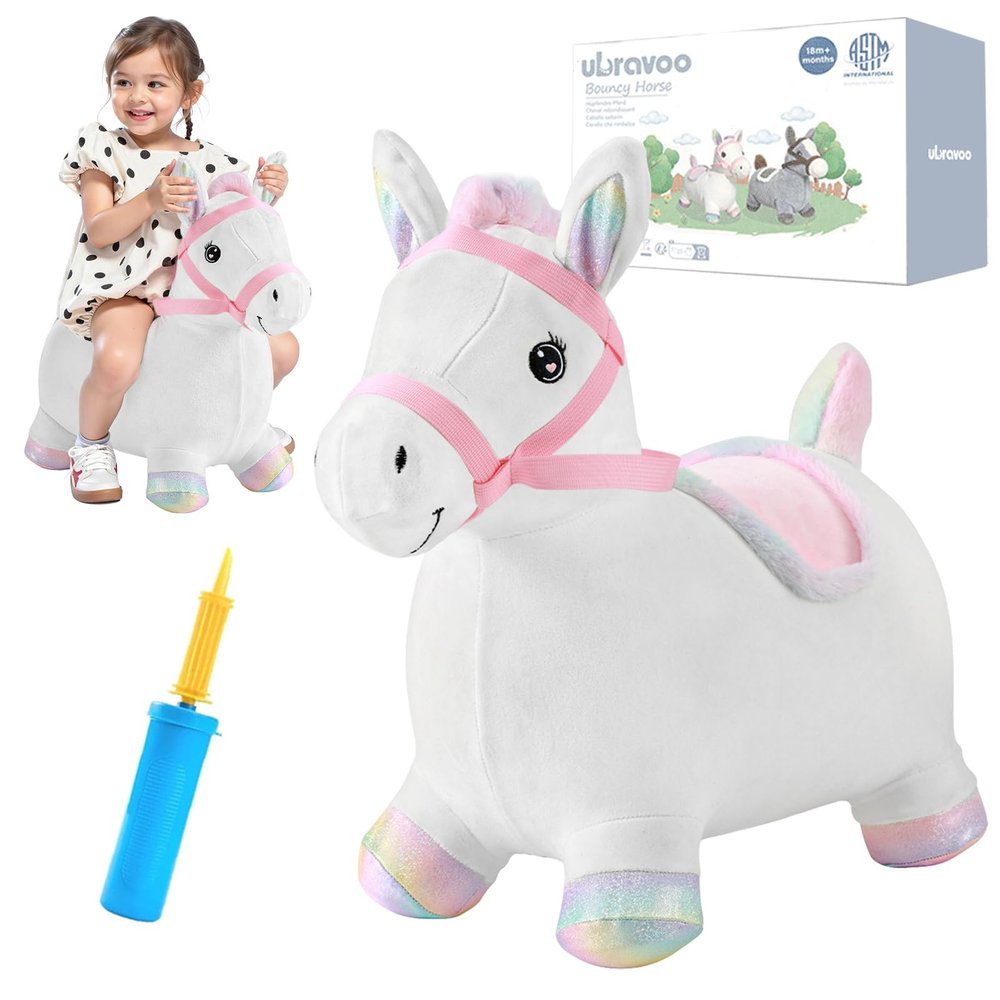 Hopper Toy 2 Year Old Boy, Toddler Plush Bounce Animals, Ride on Bouncing Plush Inflatable Horse, Outdoor Indoor Hopping Horse Bouncer, Birthday Gifts for 18m -5 Years Old Kid (White)