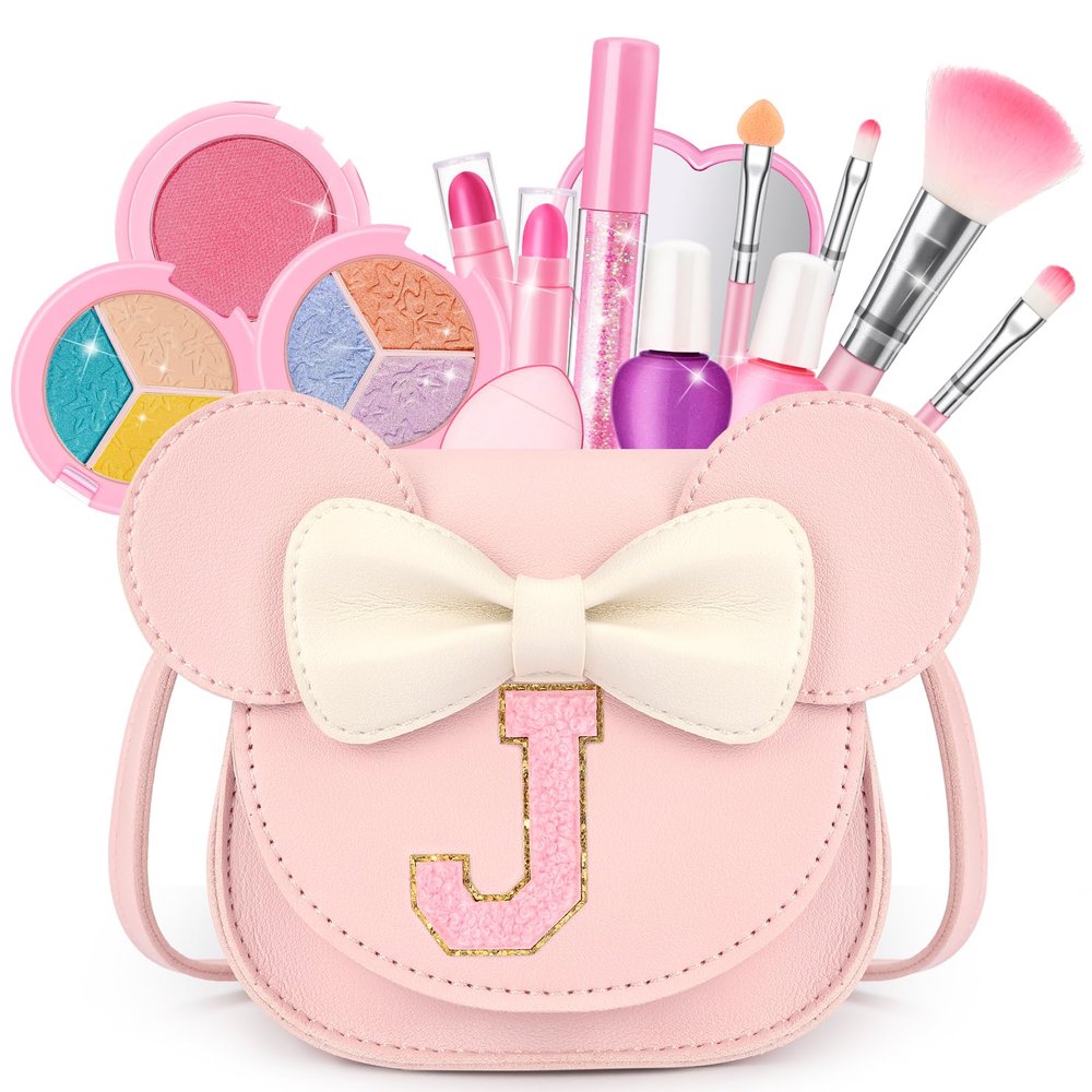 Kids Makeup Kit for Girls - 15 Pcs Real Washable Make Up Set - Non Toxic Toddlers Cosmetic with Letter Mouse Ear Purse - Valentines Day Gifts for 3 4 5 6 7 8 Years Old Girls Birthday Gift - J