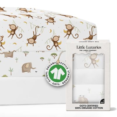 100% Organic Cotton Mini Crib Sheets (3-Pack) - GOTS Certified - Breathable Pack n Play Sheets Fitted - Double-Elastic for Secure Fit, Extra Protection for Your Baby - Gender-Neutral Prints (27"x39")