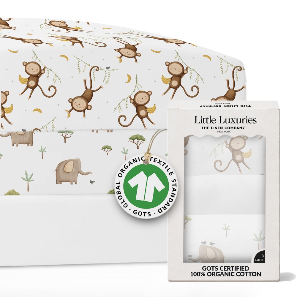 100% Organic Cotton Mini Crib Sheets (3-Pack) - GOTS Certified - Breathable Pack n Play Sheets Fitted - Double-Elastic for Secure Fit, Extra Protection for Your Baby - Gender-Neutral Prints (27"x39")