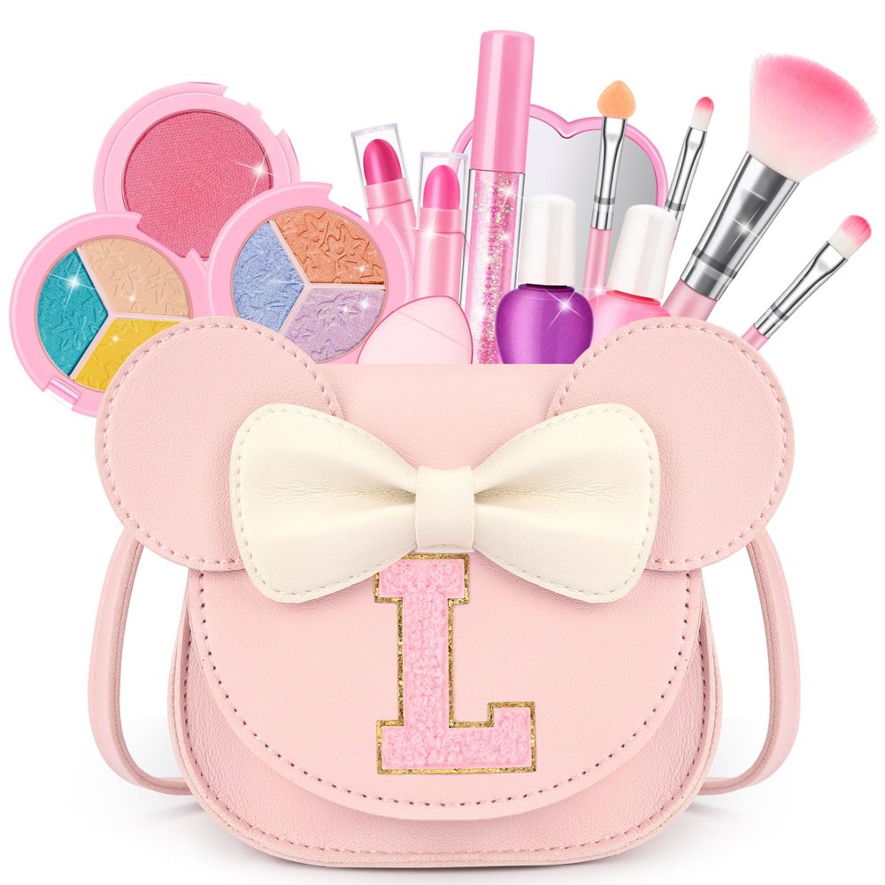 Kids Makeup Kit for Girls - 15 Pcs Real Washable Make Up Set - Non Toxic Toddlers Cosmetic with Letter Mouse Ear Purse - Valentines Day Gifts for 3 4 5 6 7 8 Years Old Girls Birthday Gift - L