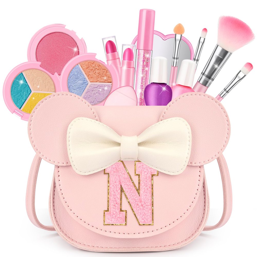 Kids Makeup Kit for Girls - 15 Pcs Real Washable Make Up Set - Non Toxic Toddlers Cosmetic with Letter Mouse Ear Purse - Valentines Day Gifts for 3 4 5 6 7 8 Years Old Girls Birthday Gift - N