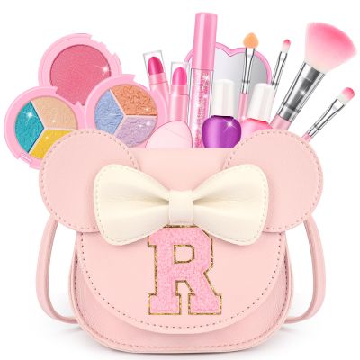 Kids Makeup Kit for Girls - 15 Pcs Real Washable Make Up Set - Non Toxic Toddlers Cosmetic with Letter Mouse Ear Purse - Valentines Day Gifts for 3 4 5 6 7 8 Years Old Girls Birthday Gift - R