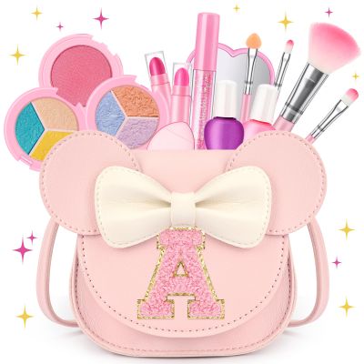 Kids Makeup Kit for Girls - 15 Pcs Real Washable Make Up Set - Non Toxic Toddlers Cosmetic with Letter Mouse Ear Purse - Easter Basket Stuffers for 3 4 5 6 7 8 Years Old Girls Birthday Gift - A
