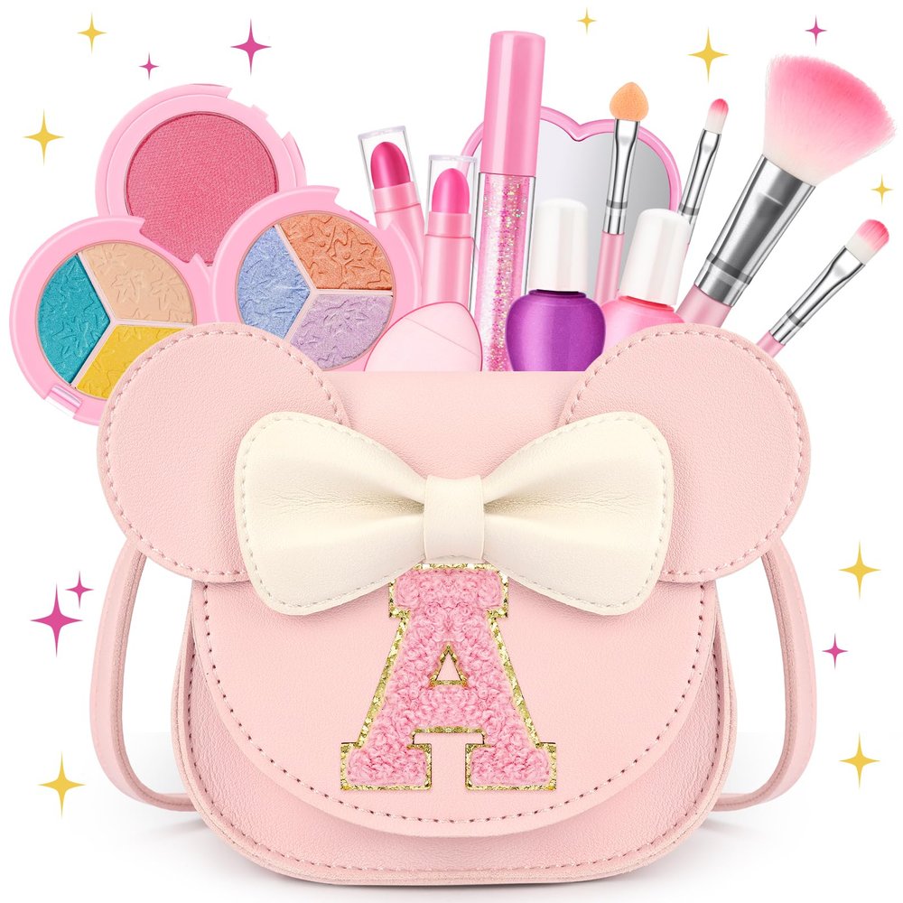 Kids Makeup Kit for Girls - 15 Pcs Real Washable Make Up Set - Non Toxic Toddlers Cosmetic with Letter Mouse Ear Purse - Easter Basket Stuffers for 3 4 5 6 7 8 Years Old Girls Birthday Gift - A