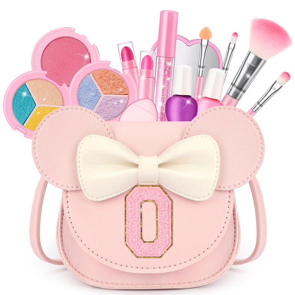 Kids Makeup Kit for Girls - 15 Pcs Real Washable Make Up Set - Non Toxic Toddlers Cosmetic with Letter Mouse Ear Purse - Valentines Day Gifts for 3 4 5 6 7 8 Years Old Girls Birthday Gift - O