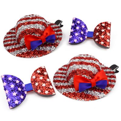4th of July Hair Accessories Set, Patriotic Glitter Bow Clips and Mini Hat Barrettes, Red White Blue USA Party Wear, Independence Day Parade Outfit, 6 Pieces Total, 2 Hats + 4 Bows