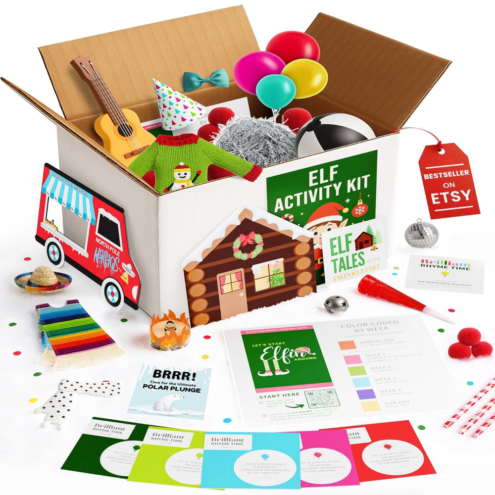 Huge Christmas Elf Activity Kit - Elf Accessories - 28 Days of Fun - Over 180+ Fun Props and Clothes - Elf Arrival Letter - Christmas Crafts for Kids - A Fun Countdown Tradition