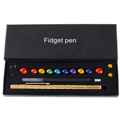 Color Fidget Pen Toy, Sensory Tool EDC Fidgeting Game for Adults, Cool Gadget Best for Stress and Anxiety Relief and Kill Time (Colorful Beads Paper Box Set, Golden)
