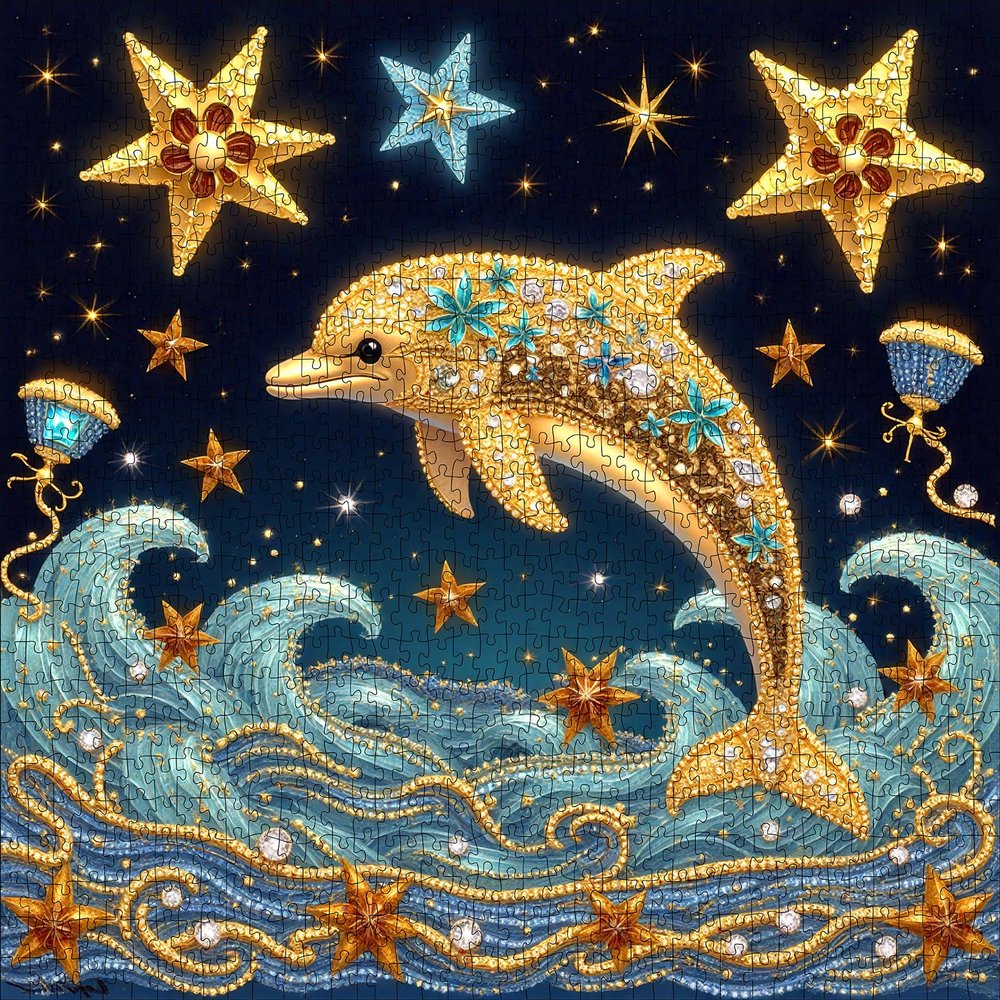 1000pcs Jigsaw Puzzle for Adults - Golden Dolphin Design, Large Fantastic Paper Puzzle for Dolphin Lovers, Interactive Family Game, DIY Brain Challenge, Scratch-Resistant, Ideal